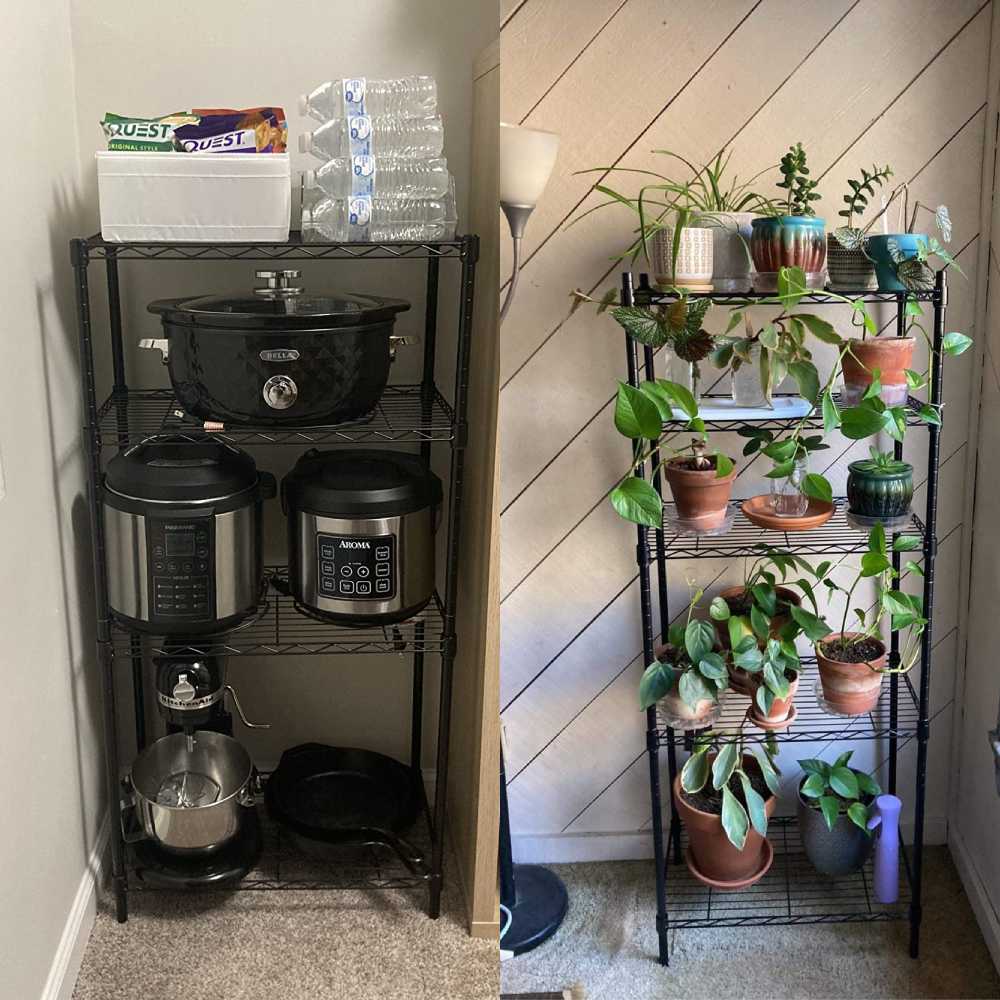 Adjustable steel garage shelving holding boxes and tools