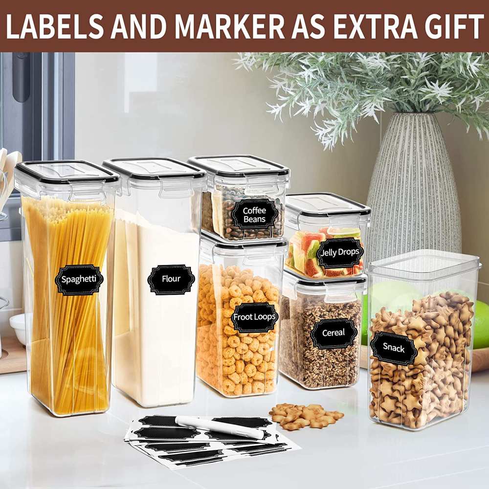 Airtight food storage containers with lids on a kitchen bench